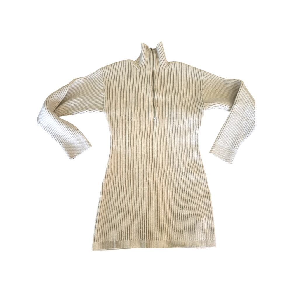 cream zip up ribbed sweater dress / tunic / mock turtleneck